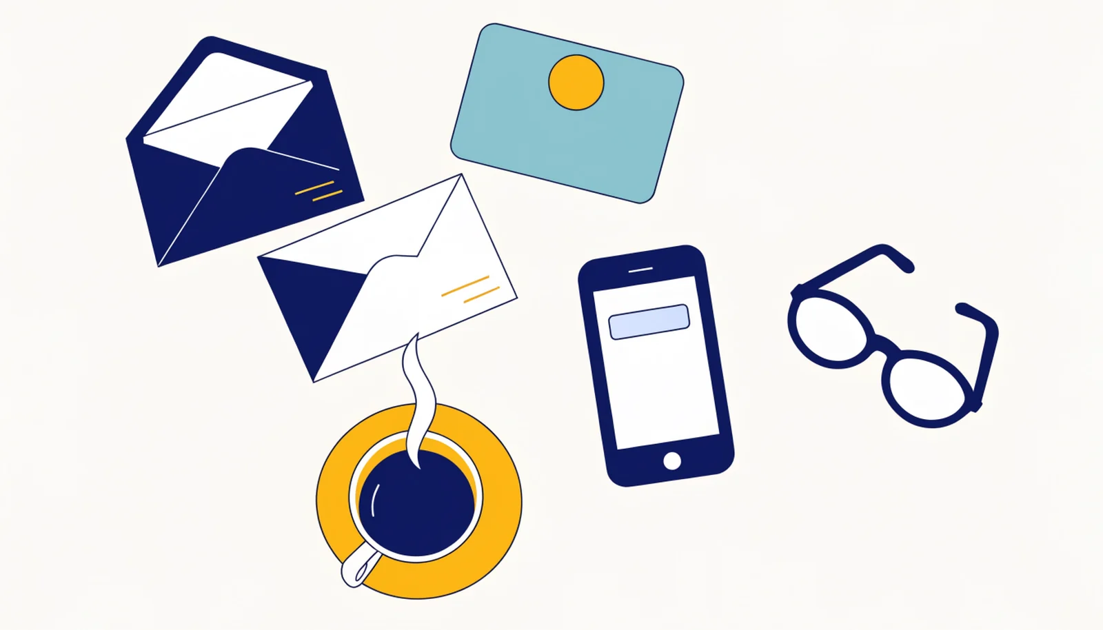 Two envelopes, a card, a smartphone, reading glasses and a cup of coffee scattered across a table seen from above.